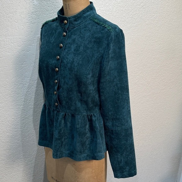Live A Little Women's Small Teal‎ Suede Ruffle Gold Long Sleeve Button-Up Top - Picture 9 of 10